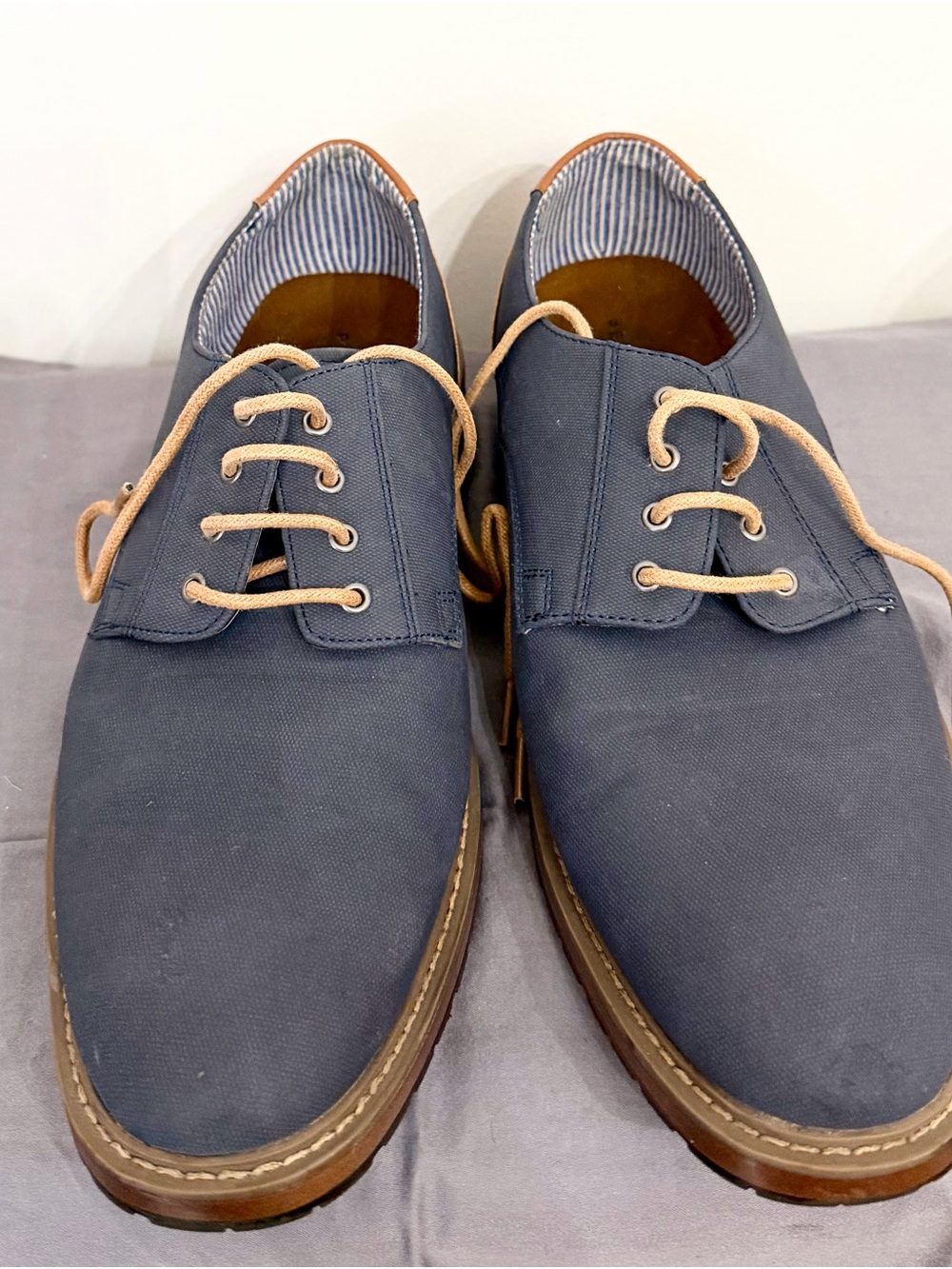 Perry Ellis Portfolio Men’s Size 10 Navy Canvas Oxford Dress Shoes Brown Trim